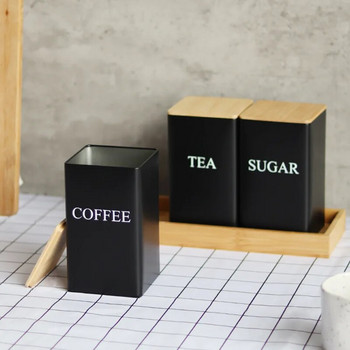 Изчистен стил Бамбуково покритие Iron Art Контейнери за храна Съхранение на кафе на зърна Чай Консумативи за кухненски дисплей Квадратна кутия за буркан Буркани
