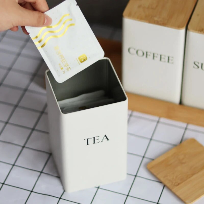 Paprastas bambuko dangtelis Geležinis meninis maisto indeliai Kavos pupelių laikymo arbatos skardinės Virtuvės indai, kvadratiniai stiklainių dėžutės stiklainiai