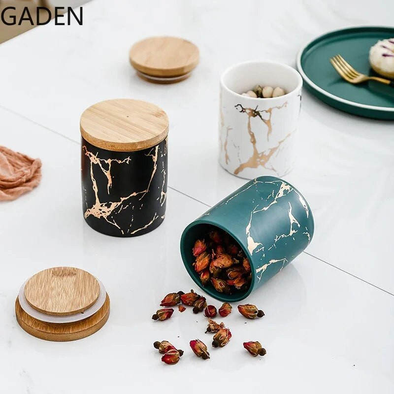 Tárolási kellékek Márvány kerámia lezárt tégelyes kerek 360 ml-es tároló palack bambusz módosítással konyhai eszközök gabona adagoló