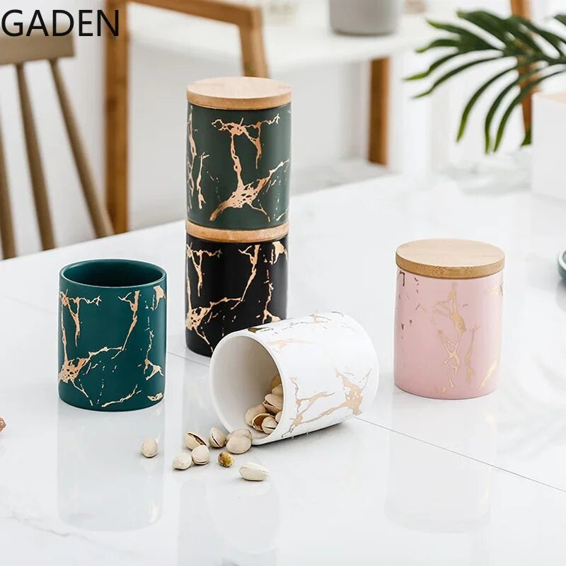 Tárolási kellékek Márvány kerámia lezárt tégelyes kerek 360 ml-es tároló palack bambusz módosítással konyhai eszközök gabona adagoló