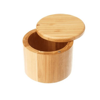 1 бр Дървени кутии за съхранение Бамбукова кутия за сол с магнитен въртящ се капак Контейнер за кухненски контейнери за съхранение Кутия за съхранение