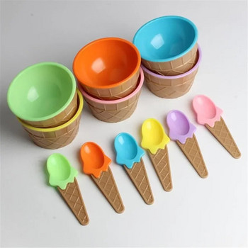 1 комплект нови детски комплект лъжици за купа за сладолед Издръжливи детски подаръци Прекрасна купа за десерт Направи си сам Инструменти за сладолед купа за сладолед + лъжица