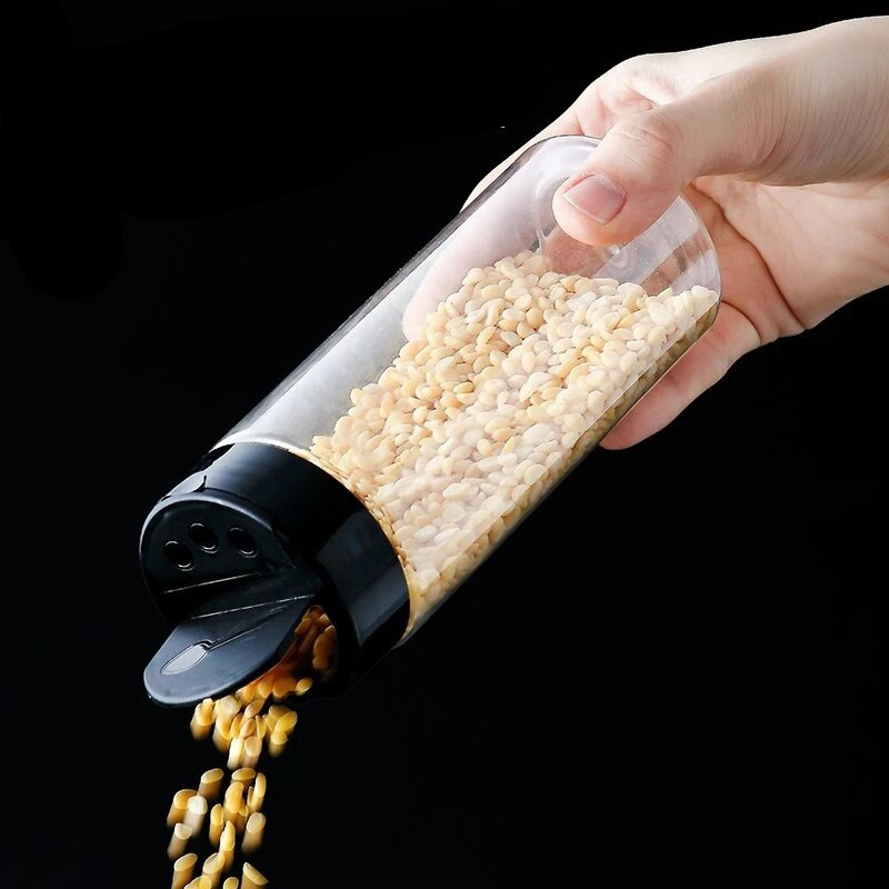 Plastikinis dvigubai atidaromas prieskonių butelis Buitinis atplaunamas miltelių kanistras lauko kepsnių pagardų indelis Virtuvės priedai