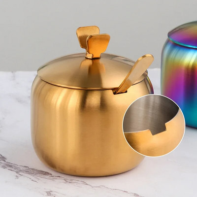 Bucătărie Oală pentru condimente din oțel inoxidabil cu aur Design minunat Condimente Sare Recipient de zahăr Instrument pentru borcan pentru piper cu capac și lingură