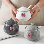 400 ml Prieskonių stiklainis Keraminis laikymo indelis su šaukštu Prieskonių Priemonė Čili stiklainis virtuvės Aukštos temperatūros prieskonių indelis su dangteliu