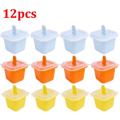 12x Τετράγωνο Σχάρα Καλούπια παγωτού Δίσκος Φόρμας Παγωτού σιλικόνης ποιότητας τροφίμων με ραβδί DIY ζελέ πουτίγκα ποτό Παιδικό σνακ