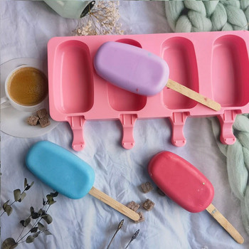 Овална малка силиконова форма за пудинг Форма за сладолед Popsicle For Summer Ice Pop Maker 4 дупки Инструменти за печене на шоколадова торта