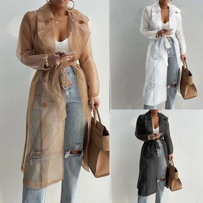 Модно дамско мрежесто яке с буф ръкав Слънцезащитна риза с връзки Лятно тънко палто