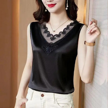Корейска черна еластична сатенена дантелена куха жилетка Моден официален офис дамски костюм без ръкави с V-образно деколте Вътрешни потници Тениски B3373