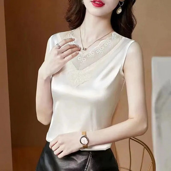 Корейска черна еластична сатенена дантелена куха жилетка Моден официален офис дамски костюм без ръкави с V-образно деколте Вътрешни потници Тениски B3373