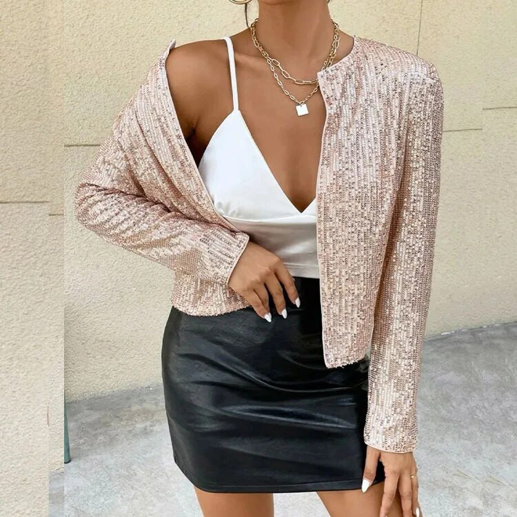 Ženska modna jakna dugih rukava s O-izrezom i šljokicama Ženski elegantni jednobojni kardigan jakni Ženski proljeće jesen šik kratki kaput