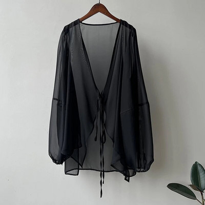 Ženski ljetni kardigan od šifona za zaštitu od sunca, nova modna francuska naramenica za odmor, tanka lagana labava ležerna jakna s lanternastim rukavima