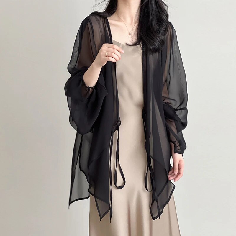 Ženski ljetni kardigan od šifona za zaštitu od sunca, nova modna francuska naramenica za odmor, tanka lagana labava ležerna jakna s lanternastim rukavima