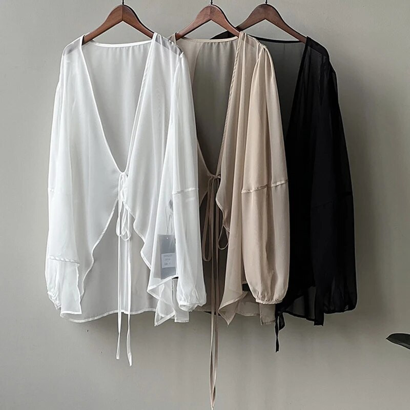 Ženski ljetni kardigan od šifona za zaštitu od sunca, nova modna francuska naramenica za odmor, tanka lagana labava ležerna jakna s lanternastim rukavima