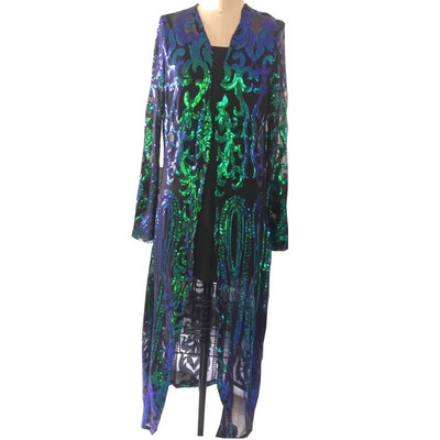 Novi seksi dugi kardigan sa zlatnim šljokicama, elegantni ležerni ženski mrežasti prozirni kaput s otvorenim šavom, punim rukavima Feminino Ouro Lantejoula