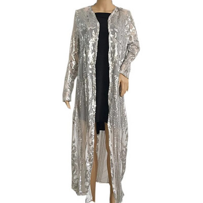 Novi seksi dugi kardigan sa zlatnim šljokicama, elegantni ležerni ženski mrežasti prozirni kaput s otvorenim šavom, punim rukavima Feminino Ouro Lantejoula