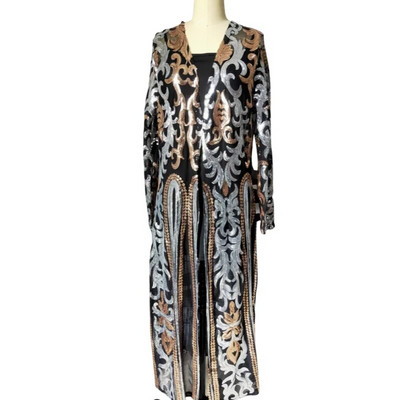 Novi seksi dugi kardigan sa zlatnim šljokicama, elegantni ležerni ženski mrežasti prozirni kaput s otvorenim šavom, punim rukavima Feminino Ouro Lantejoula