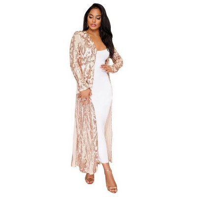 Novi seksi dugi kardigan sa zlatnim šljokicama, elegantni ležerni ženski mrežasti prozirni kaput s otvorenim šavom, punim rukavima Feminino Ouro Lantejoula