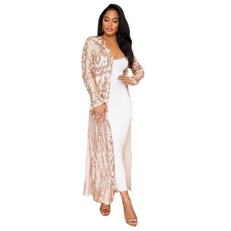 Novi seksi dugi kardigan sa zlatnim šljokicama, elegantni ležerni ženski mrežasti prozirni kaput s otvorenim šavom, punim rukavima Feminino Ouro Lantejoula