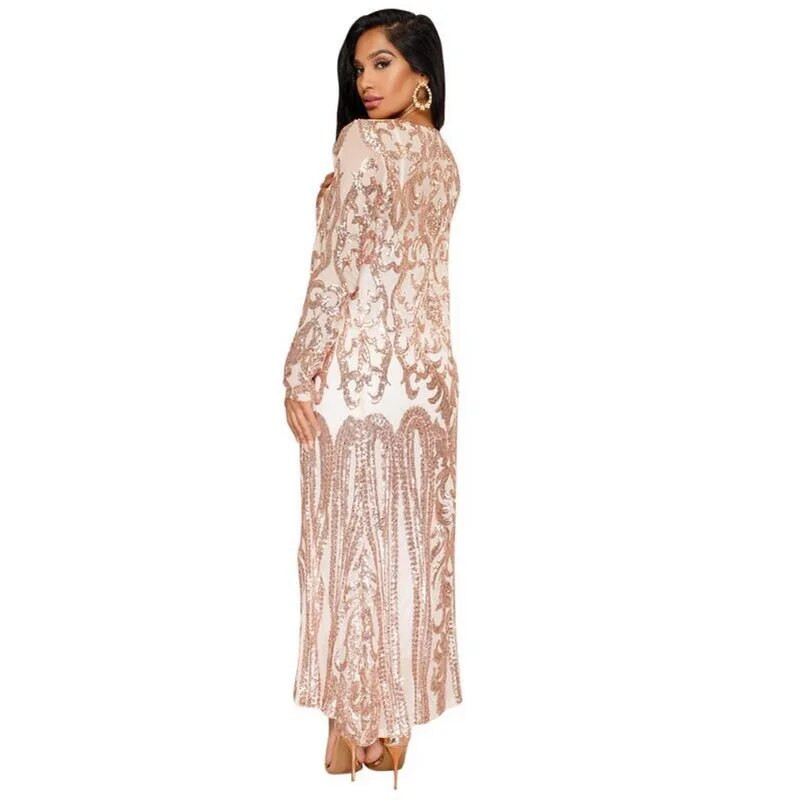 Novi seksi dugi kardigan sa zlatnim šljokicama, elegantni ležerni ženski mrežasti prozirni kaput s otvorenim šavom, punim rukavima Feminino Ouro Lantejoula