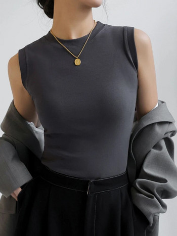 Γυναικεία μόδα 2023 Κορέας πλεκτό βαμβακερό φανελάκι με ραβδώσεις γυναικείο γιλέκο γραφείου Μασίφ βασική μπλούζα αμάνικο εσώρουχο πουκάμισο Ρούχα
