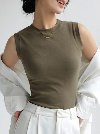 Γυναικεία μόδα 2023 Κορέας πλεκτό βαμβακερό φανελάκι με ραβδώσεις γυναικείο γιλέκο γραφείου Μασίφ βασική μπλούζα αμάνικο εσώρουχο πουκάμισο Ρούχα