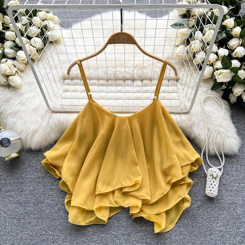 Bretele spaghete Volane Tancuri fără mâneci și camisole Corset de modă coreeană Crop tops Camisole cu rezervor solid, haine de vară pentru femei Y2k