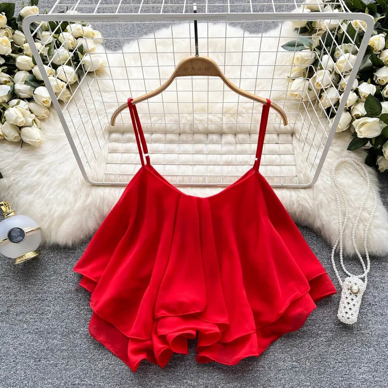 Bretele spaghete Volane Tancuri fără mâneci și camisole Corset de modă coreeană Crop tops Camisole cu rezervor solid, haine de vară pentru femei Y2k