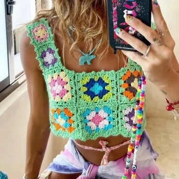 Дамски летни плетени горнища, многоцветни цветни карирани плетени жилетки, секси изрязани ризи без ръкави с квадратно деколте, продажби на едро