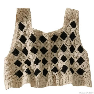 Ženska ljetna heklana majica, višebojna cvjetna karirana pletena vesta Seksi skraćene majice bez rukava s četvrtastim izrezom, veleprodaja