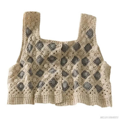 Ženska ljetna heklana majica, višebojna cvjetna karirana pletena vesta Seksi skraćene majice bez rukava s četvrtastim izrezom, veleprodaja