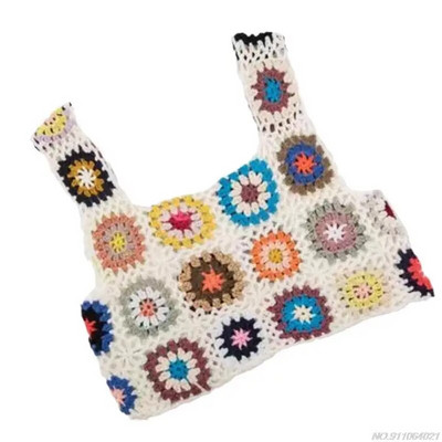 Ženska ljetna heklana majica, višebojna cvjetna karirana pletena vesta Seksi skraćene majice bez rukava s četvrtastim izrezom, veleprodaja