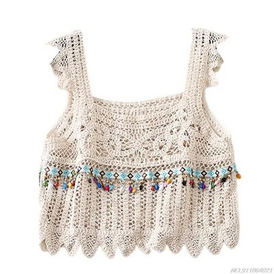 Ženska ljetna heklana majica, višebojna cvjetna karirana pletena vesta Seksi skraćene majice bez rukava s četvrtastim izrezom, veleprodaja