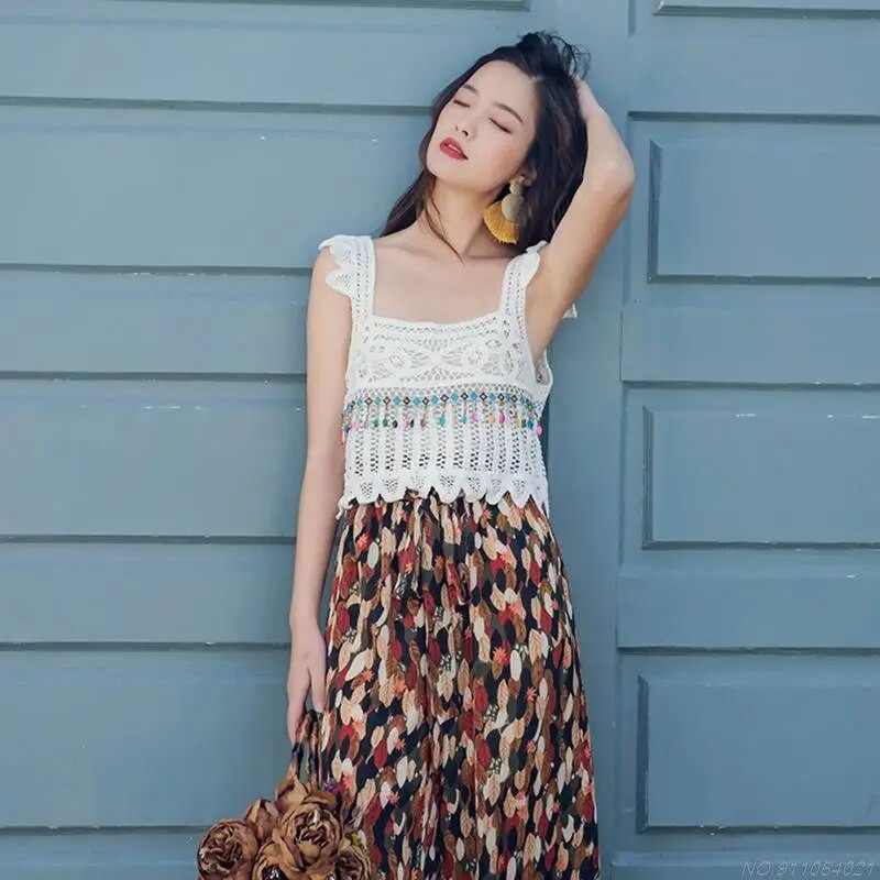 Ženska ljetna heklana majica, višebojna cvjetna karirana pletena vesta Seksi skraćene majice bez rukava s četvrtastim izrezom, veleprodaja