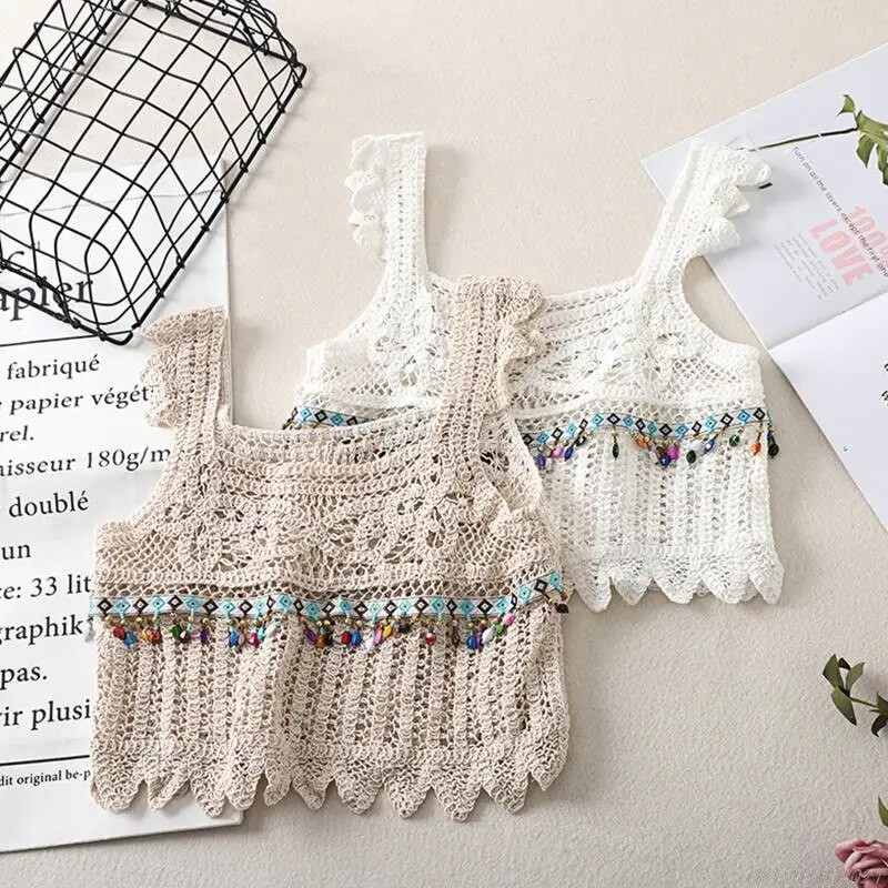 Ženska ljetna heklana majica, višebojna cvjetna karirana pletena vesta Seksi skraćene majice bez rukava s četvrtastim izrezom, veleprodaja