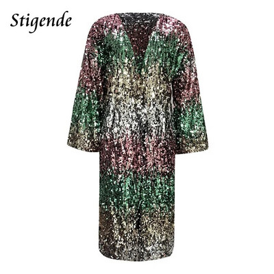 Seksi ženski kaput sa svjetlucavim šljokicama s V izrezom, svjetlucava jakna s širokim rukavima, moderan kimono za zabavu, Lentejuelas Mujer Club Wear