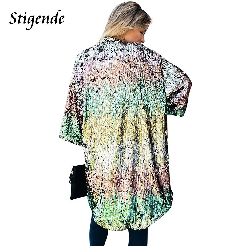 Seksi ženski kaput sa svjetlucavim šljokicama s V izrezom, svjetlucava jakna s širokim rukavima, moderan kimono za zabavu, Lentejuelas Mujer Club Wear