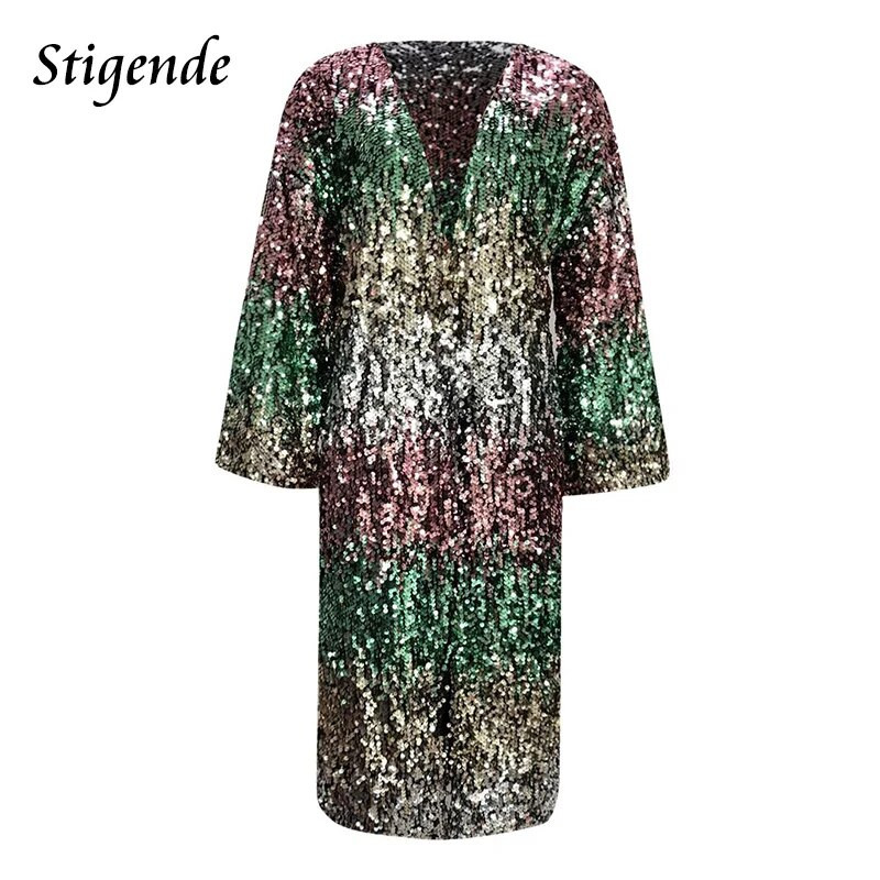 Seksi ženski kaput sa svjetlucavim šljokicama s V izrezom, svjetlucava jakna s širokim rukavima, moderan kimono za zabavu, Lentejuelas Mujer Club Wear