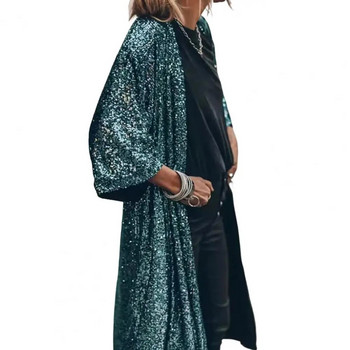 Свободно горно облекло Мека жилетка Палто без копчета Модерни дамски лъскави пайети Яке със средна дължина Ежедневно облекло