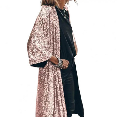 Široka gornja odjeća Mekani kardigan Kaput bez gumba Trendy ženske sjajne šljokice Jakna s ogrtačem srednje dužine Dnevna odjeća