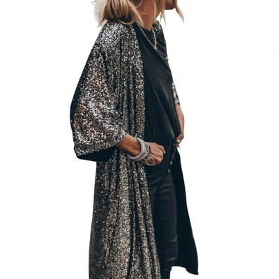 Široka gornja odjeća Mekani kardigan Kaput bez gumba Trendy ženske sjajne šljokice Jakna s ogrtačem srednje dužine Dnevna odjeća