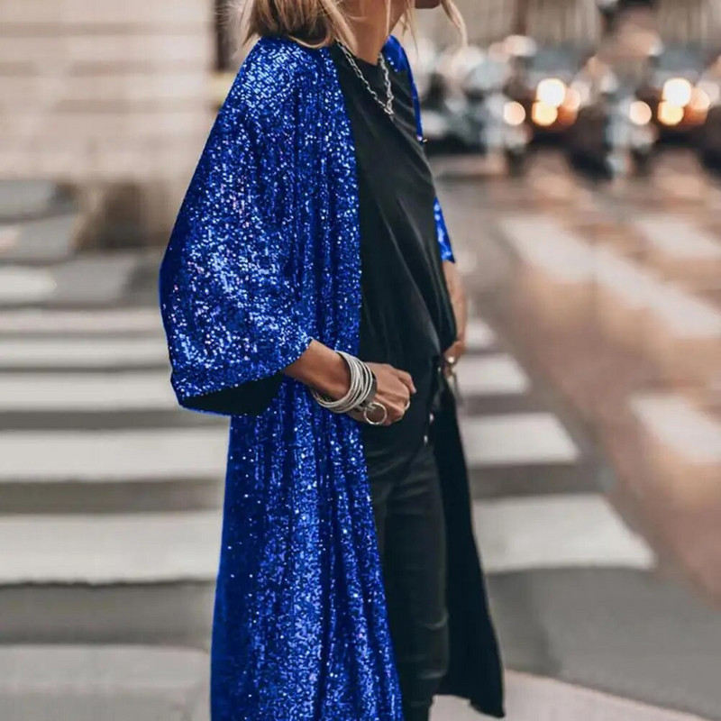 Široka gornja odjeća Mekani kardigan Kaput bez gumba Trendy ženske sjajne šljokice Jakna s ogrtačem srednje dužine Dnevna odjeća