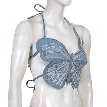 Y2K Butterfly Jeans Crop Top без гръб презрамка Секси сини сладки парти суичъри Дамски плажни празнични мини жилетки Лятна тениска Корейска мода