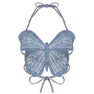 Y2K leptir traperice Crop Top bez leđa Remen Seksi plava slatka trenirka za zabavu Ženska mini prsluk za odmor na plaži Ljetna majica Korejska moda