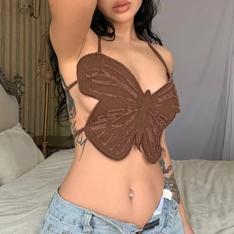 Y2K leptir traperice Crop Top bez leđa Remen Seksi plava slatka trenirka za zabavu Ženska mini prsluk za odmor na plaži Ljetna majica Korejska moda