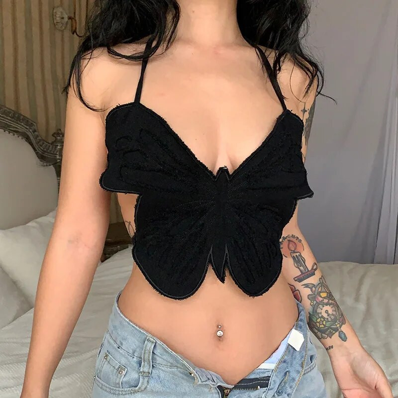 Y2K leptir traperice Crop Top bez leđa Remen Seksi plava slatka trenirka za zabavu Ženska mini prsluk za odmor na plaži Ljetna majica Korejska moda
