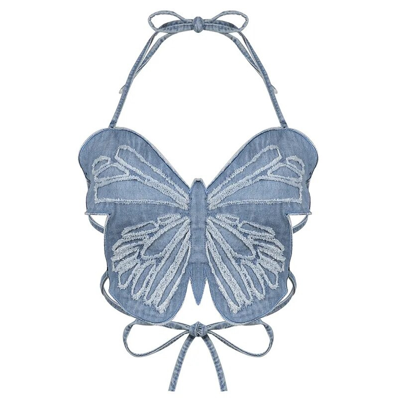 Y2K leptir traperice Crop Top bez leđa Remen Seksi plava slatka trenirka za zabavu Ženska mini prsluk za odmor na plaži Ljetna majica Korejska moda
