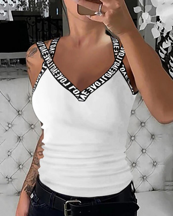 Дамска модна лятна вечер с V-образно деколте Едноцветна дреха без ръкави Секси тениска с щампа на букви Потник с V-образно деколте