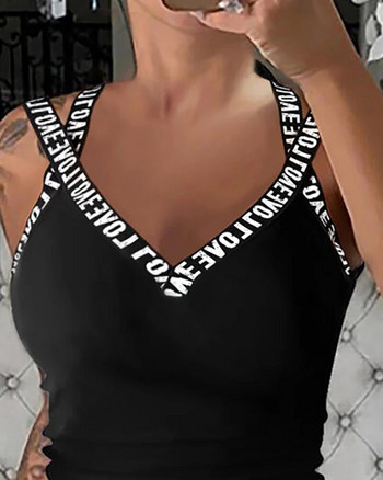 Дамска модна лятна вечер с V-образно деколте Едноцветна дреха без ръкави Секси тениска с щампа на букви Потник с V-образно деколте