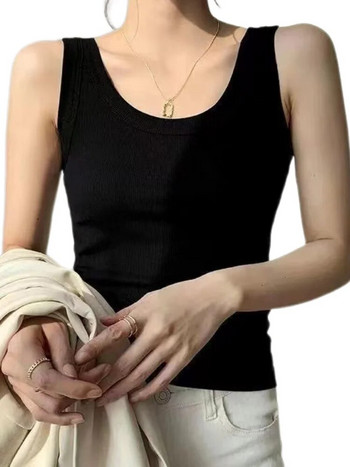 Дамска секси плетена жилетка с оребрени тънки ризи, без ръкави, потници с кръгло деколте, лято 2023, дамски ежедневни едноцветни основни камизоли